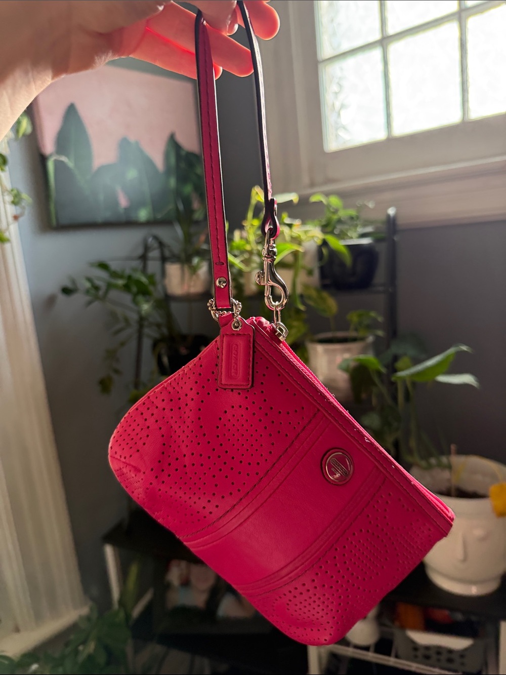 Coach Hot Pink Perforated Leather Wristlet